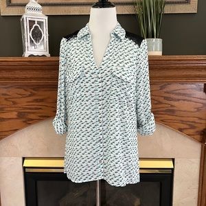 Candie's Patterned Print Lace Roll Cuff Button Down Blouse Sz. M NWT‎
